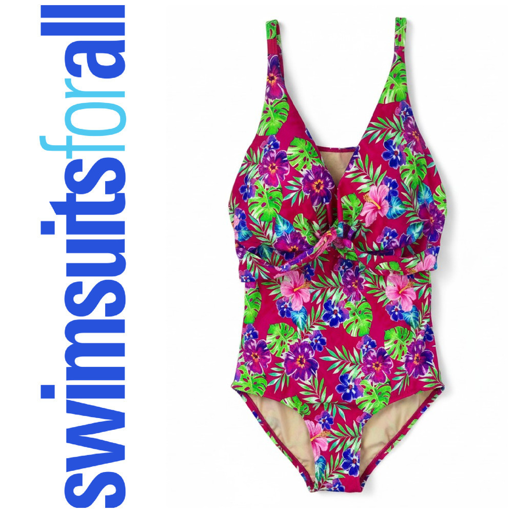 Swimsuits For All Plus Sz 34 Tummy Control Sarong Front Floral 1 Piece Swimsuit